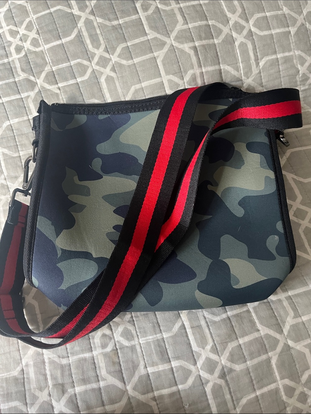 Camouflage Crossbody Bag with Red-Striped Adjustable Strap